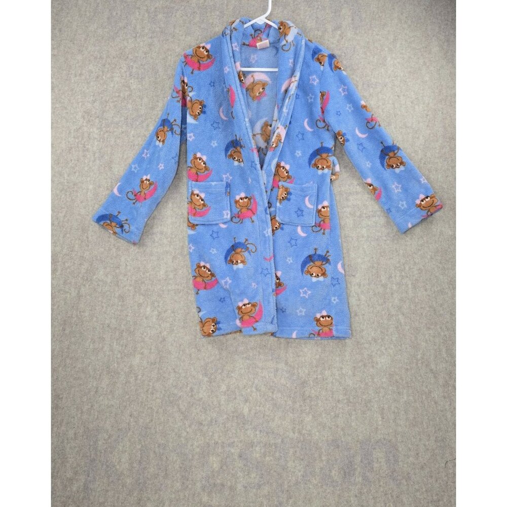 Faded Glory Girls Fleece Blue Robe Monkey Print Flame Resistant
